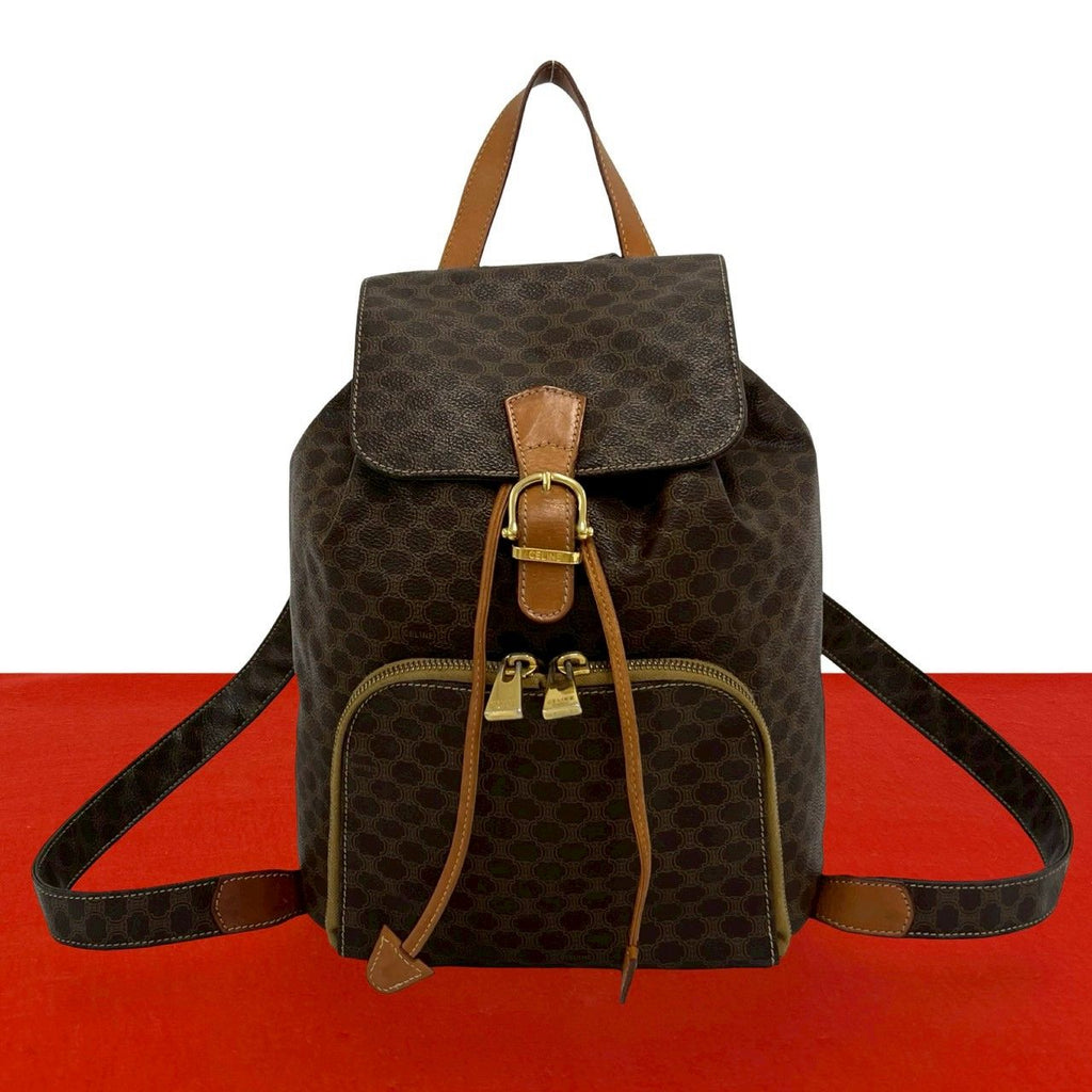 Celine Vintage Macadam Blason Pattern Leather Backpack Brown