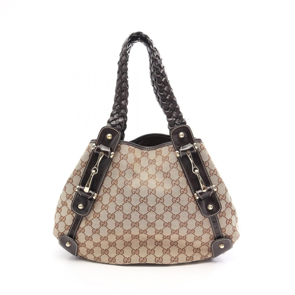 Gucci Shoulder Bag GG Canvas Beige Dark Brown Horsebit Mesh Handle