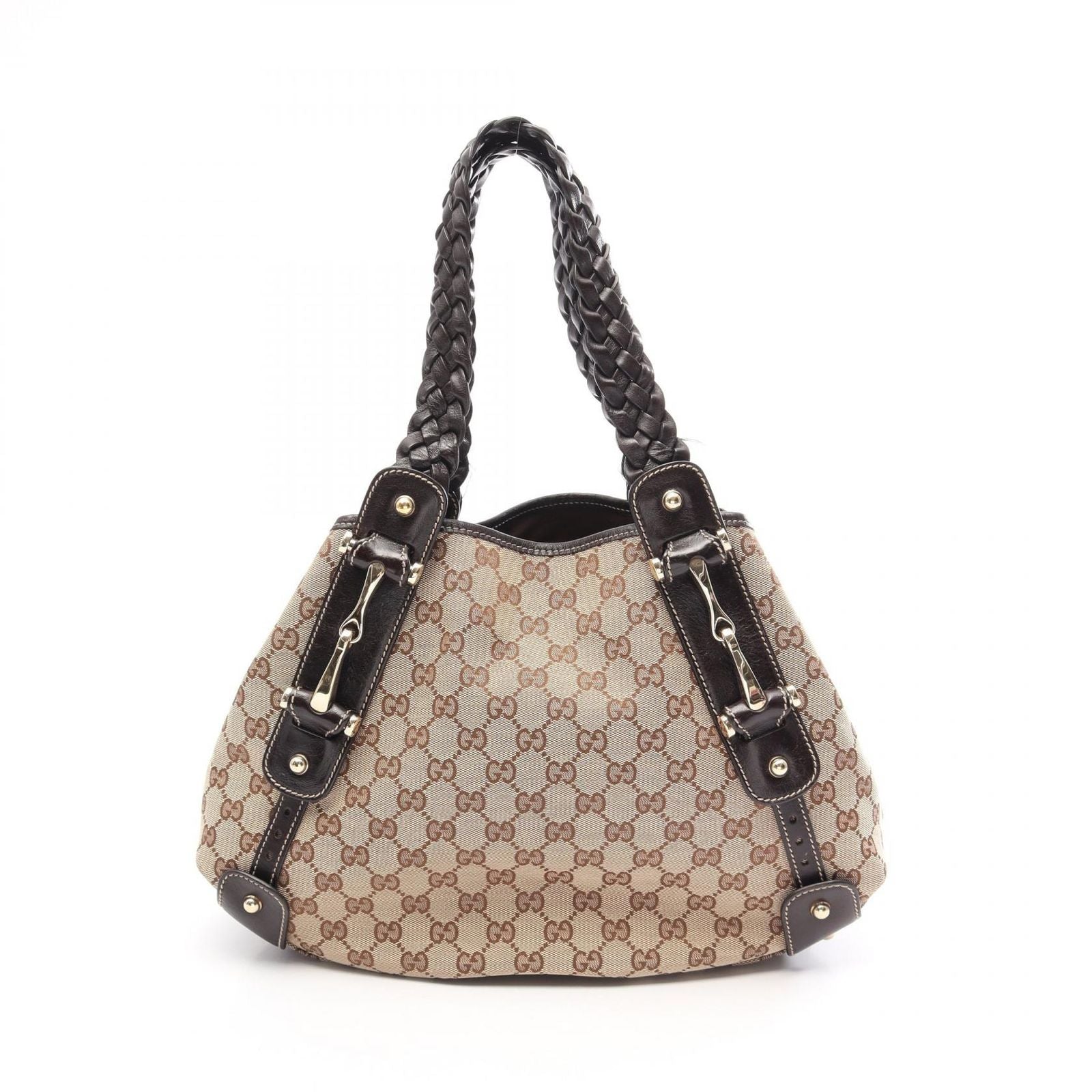 Gucci Shoulder Bag GG Canvas Beige Dark Brown Horsebit Mesh Handle