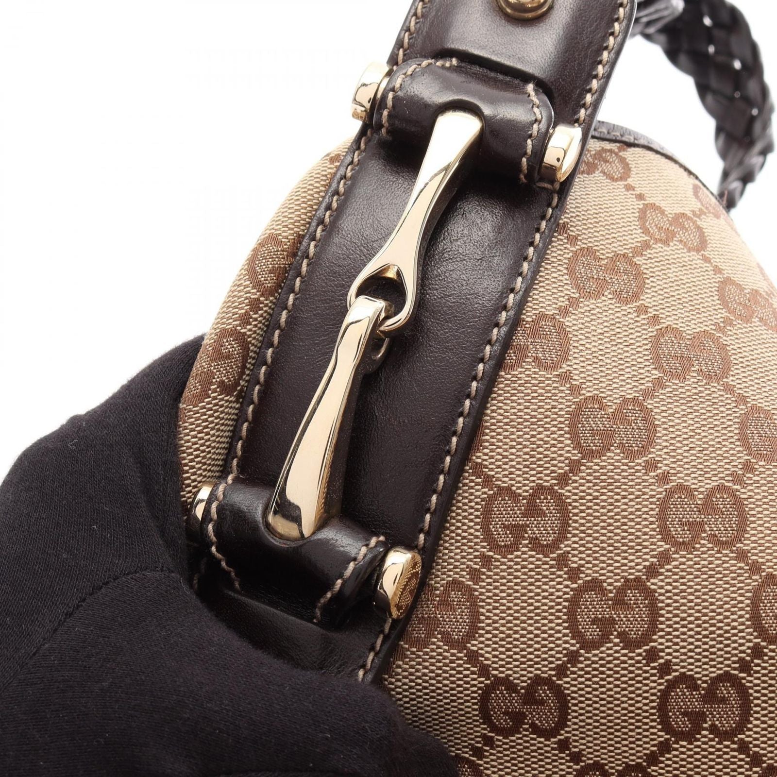 Gucci Shoulder Bag GG Canvas Beige Dark Brown Horsebit Mesh Handle — view 9