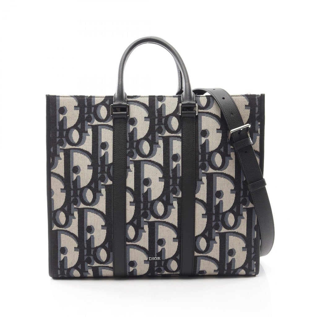 Dior Tote Maxi Oblique East West 2-Way Navy Ivory Black Canvas Leather