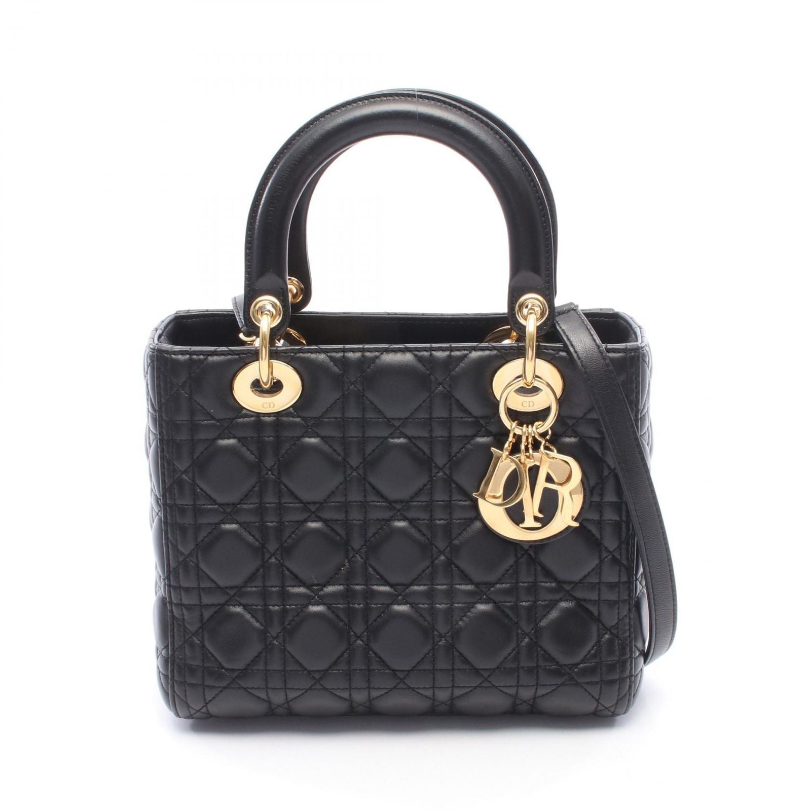 Dior Handbag Lady Dior 2-Way Black Leather Cannage Tote