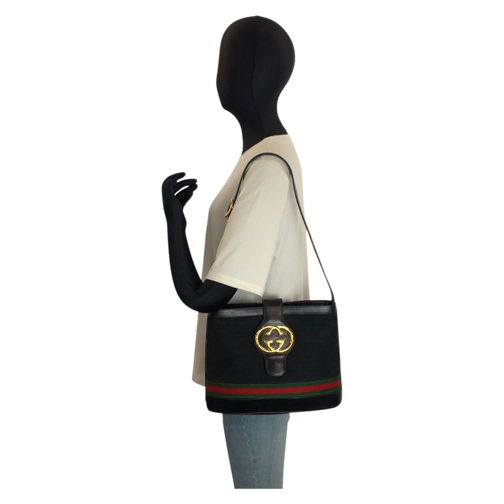 Gucci Vintage Micro GG Interlocking Sherry Line Black Canvas Shoulder — view 7