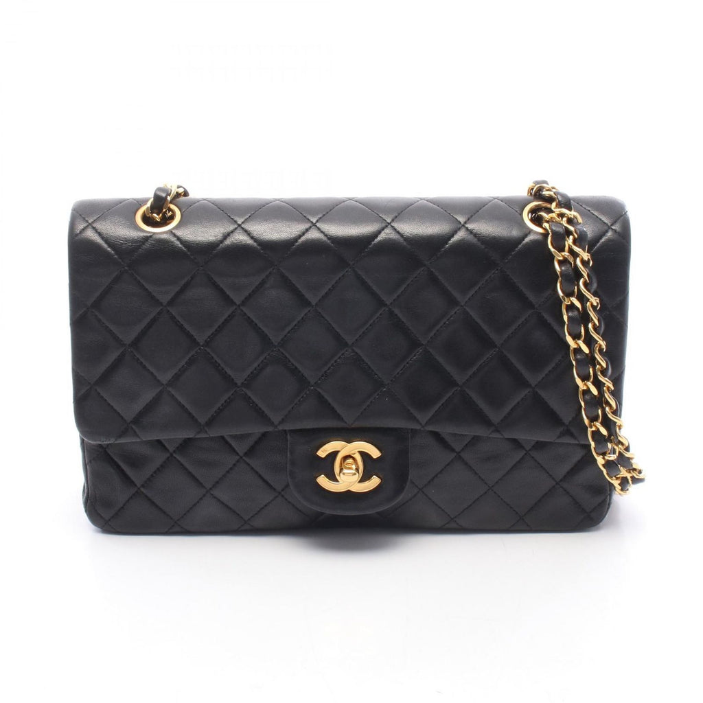 Chanel Shoulder Bag Quilted Double Flap Black Lambskin Chain