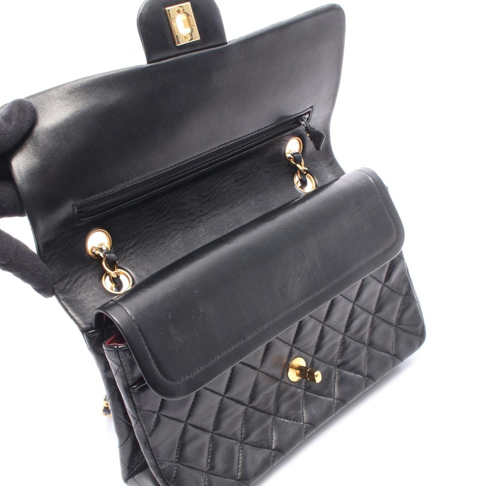 Chanel Shoulder Bag Quilted Double Flap Black Lambskin Chain — view 9