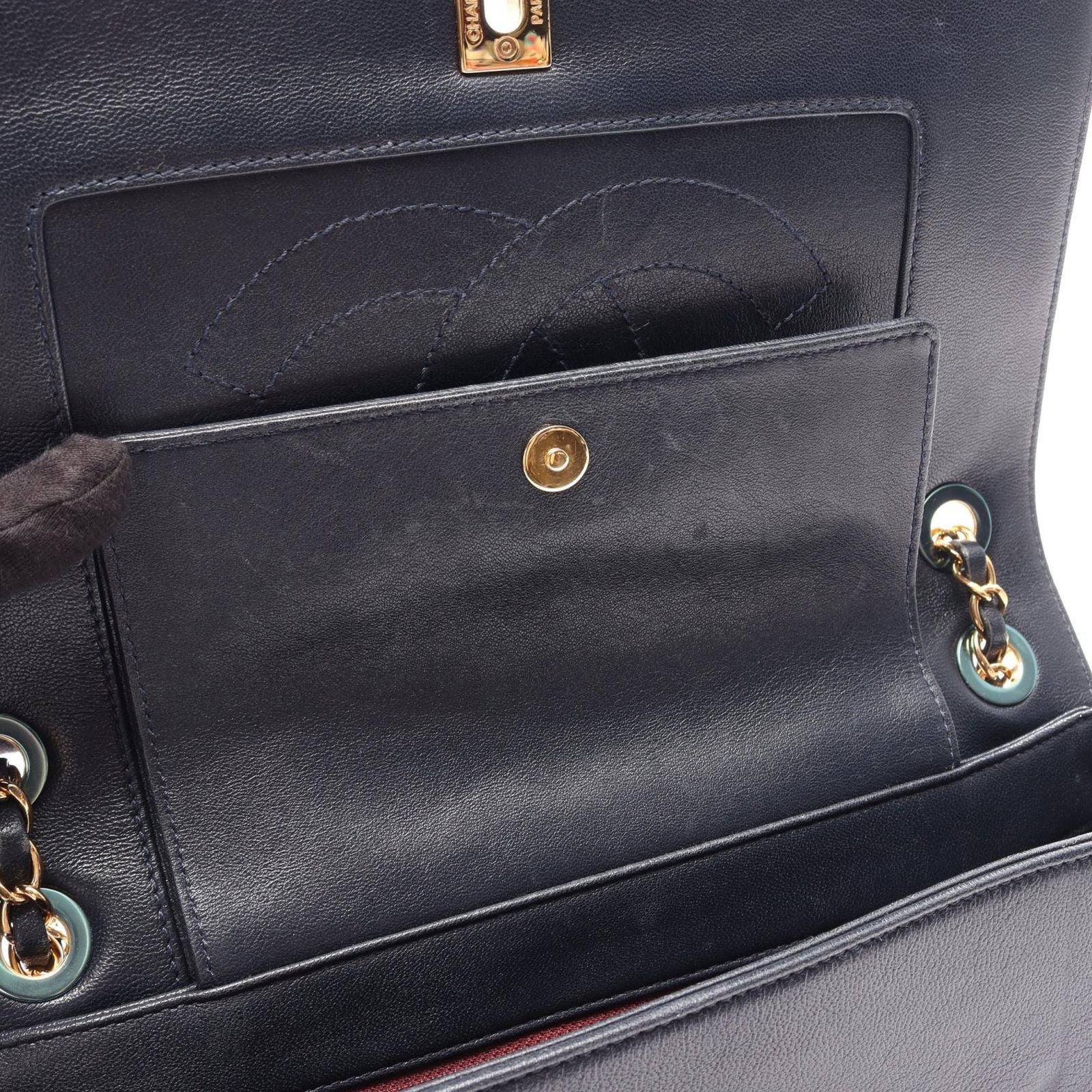 Chanel Shoulder Bag Mademoiselle Quilted Double Flap Navy Leather Chain — view 9