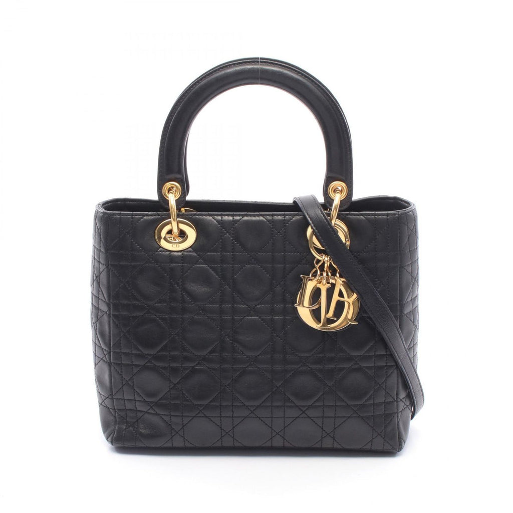 Dior Handbag Lady Dior 2-Way Black Leather Tote Bag
