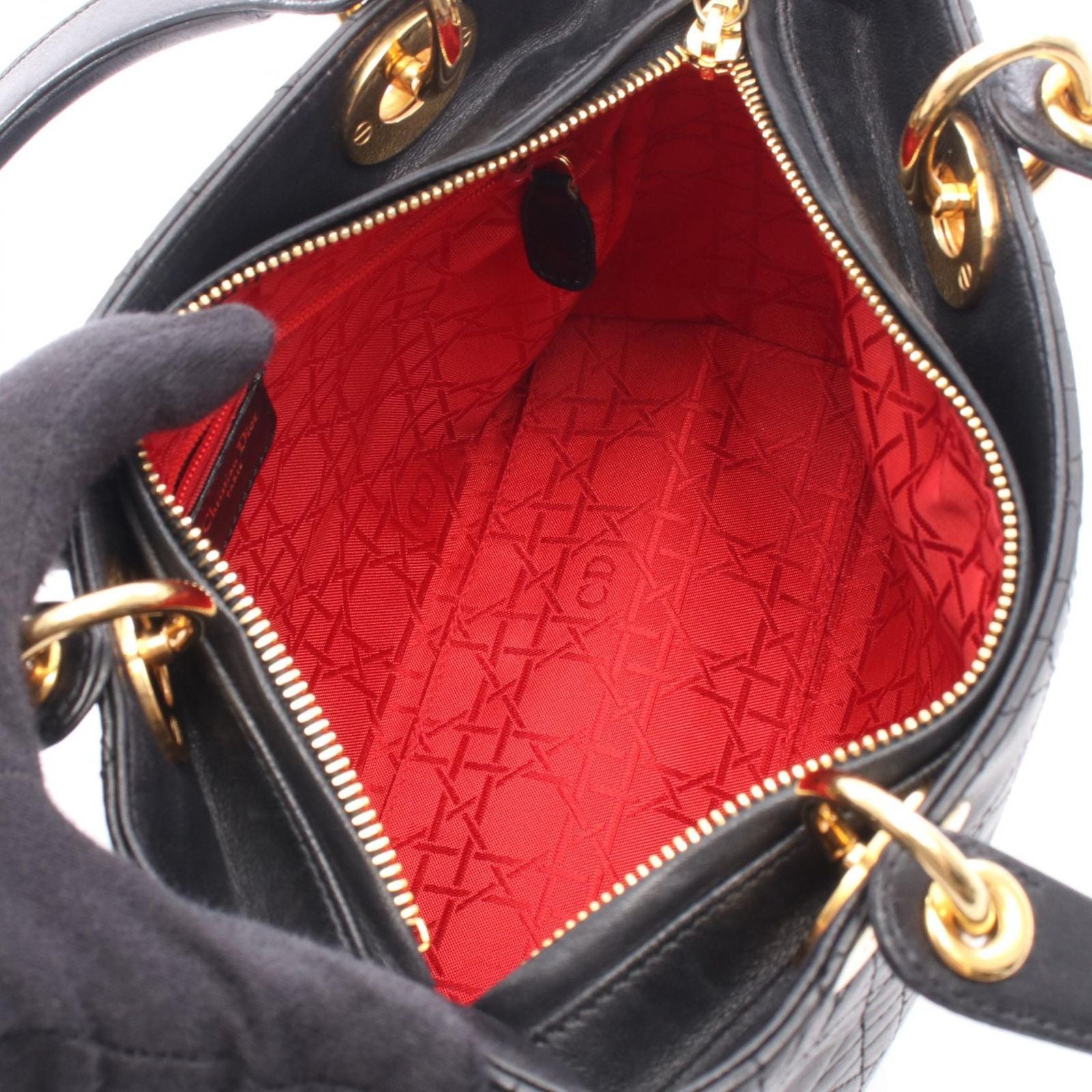 Dior Handbag Lady Dior 2-Way Black Leather Tote Bag