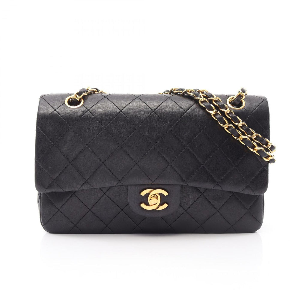Chanel Shoulder Bag Quilted Double Flap Black Lambskin Chain