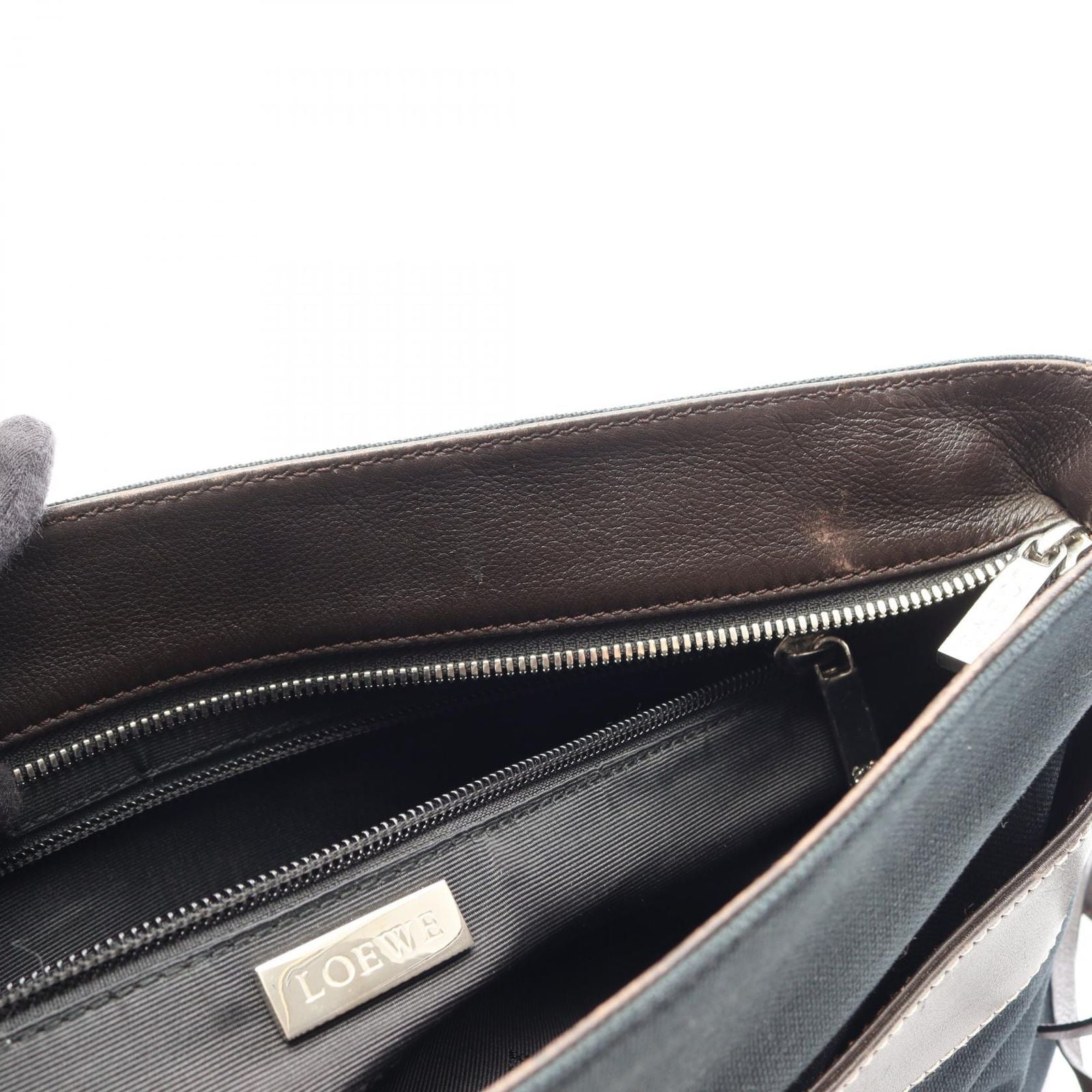 Loewe Shoulder Bag Dark Brown Black Canvas Leather — view 5