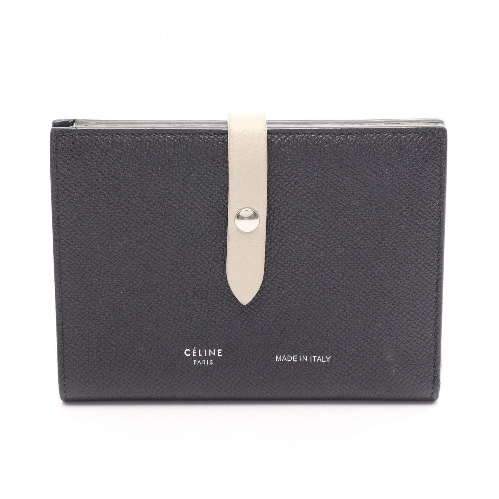 Celine Bifold Wallet Strap Multi Function Black Ivory Leather