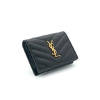 Saint Laurent Card Case Leather Black Gold Stitch YSL Logo Business — view 2