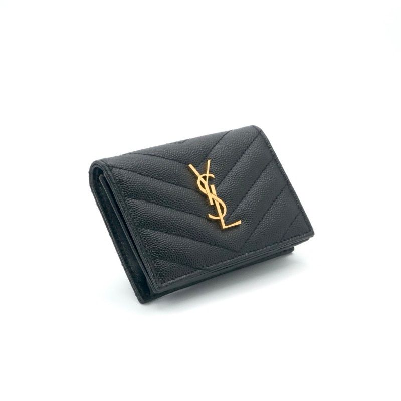 Saint Laurent Card Case Leather Black Gold Stitch YSL Logo Business — view 2