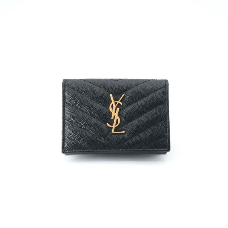 Saint Laurent Card Case Leather Black Gold Stitch YSL Logo Business