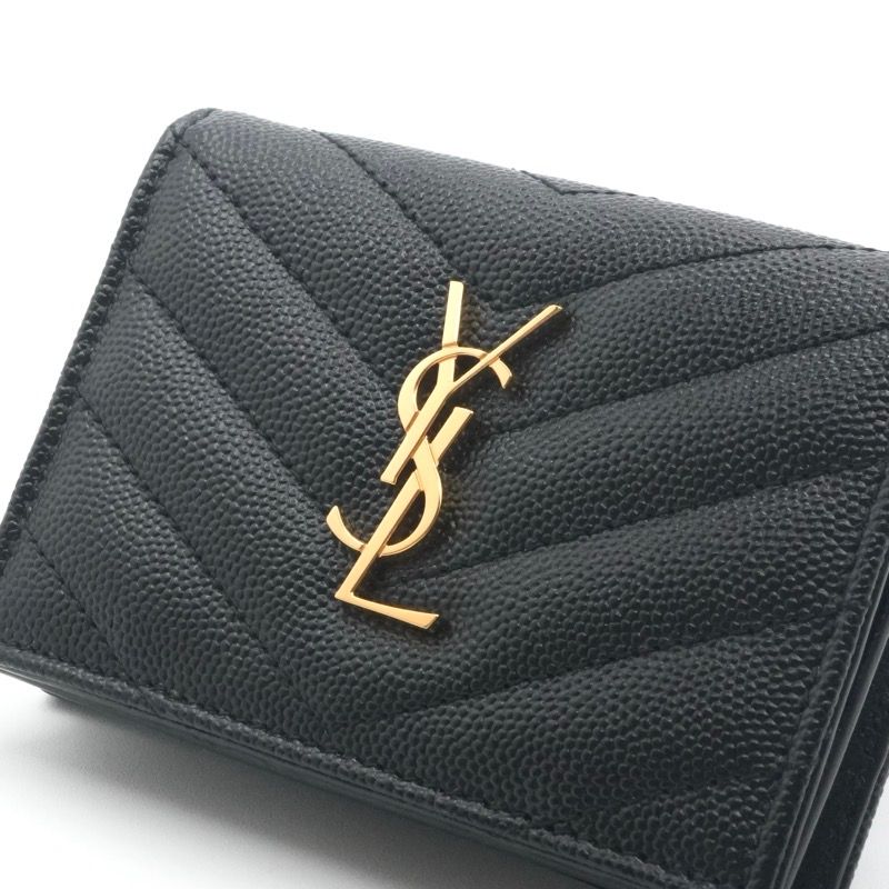 Saint Laurent Card Case Leather Black Gold Stitch YSL Logo Business — view 4