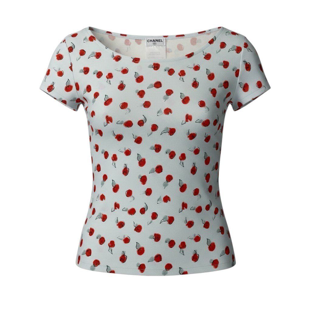 Chanel Cg9 Short Sleeve Top CC Logo Floral Motif 40 Light Blue
