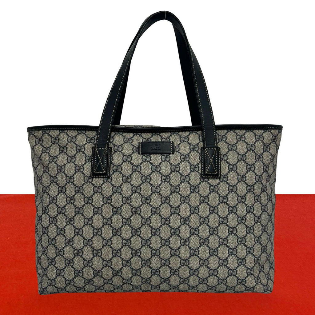 Gucci GG Supreme Logo Leather Tote Boston Bag Business Navy
