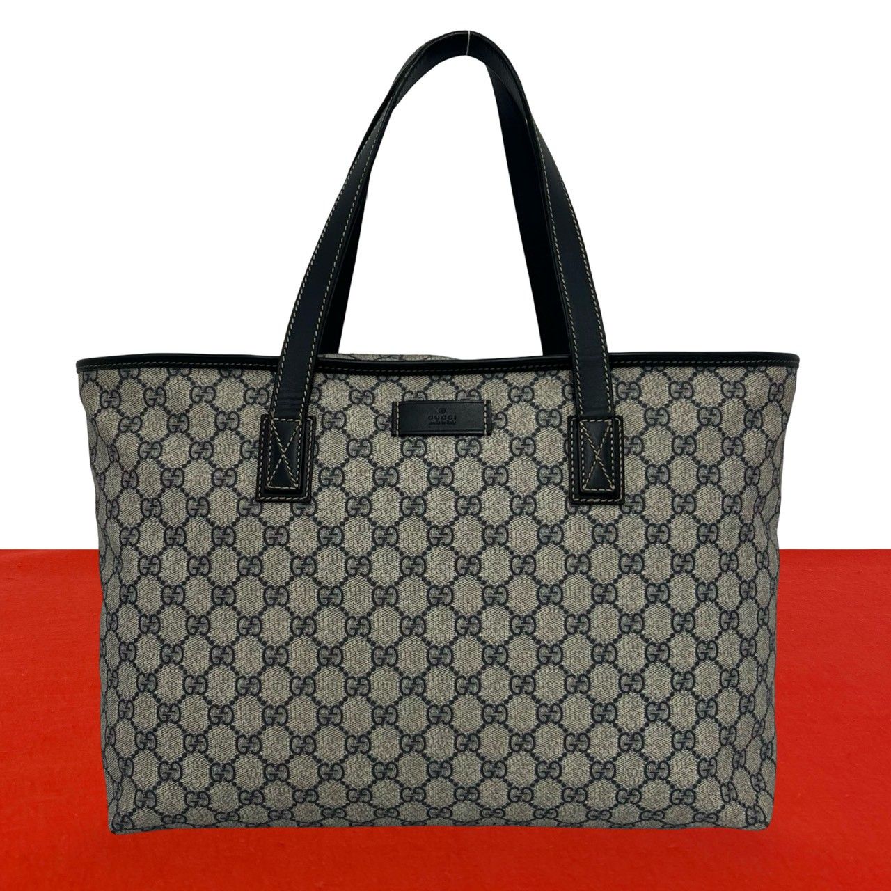 Gucci GG Supreme Logo Leather Tote Boston Bag Business Navy