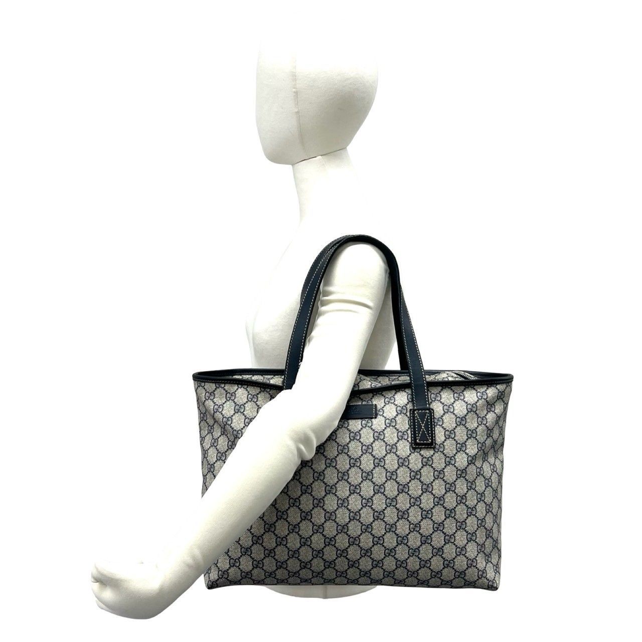 Gucci GG Supreme Logo Leather Tote Boston Bag Business Navy — view 2