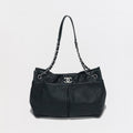 Chanel Quilted Tote Shoulder Bag Leather Black Silver CC Logo Chain
