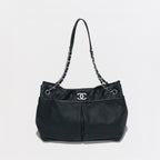 Chanel Quilted Tote Shoulder Bag Leather Black Silver CC Logo Chain