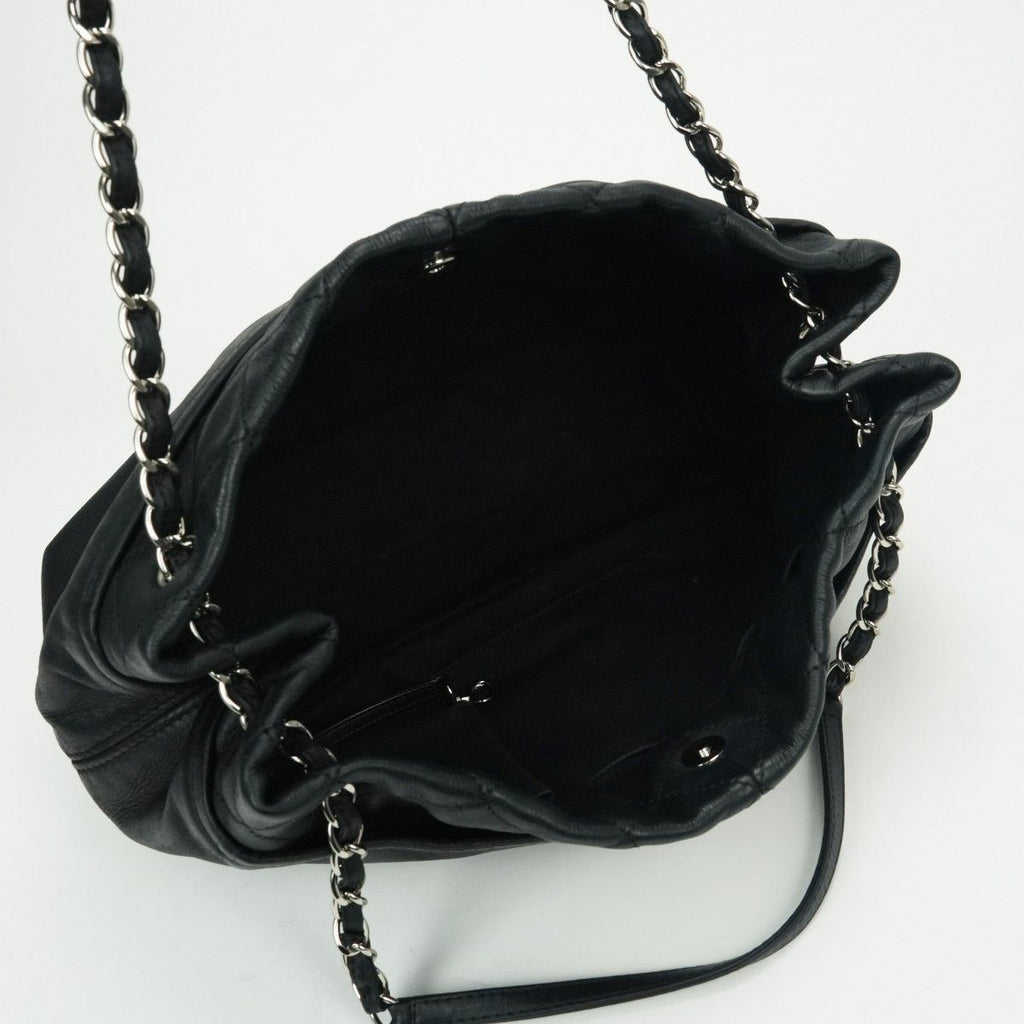 Chanel Quilted Tote Shoulder Bag Leather Black Silver CC Logo Chain — view 9