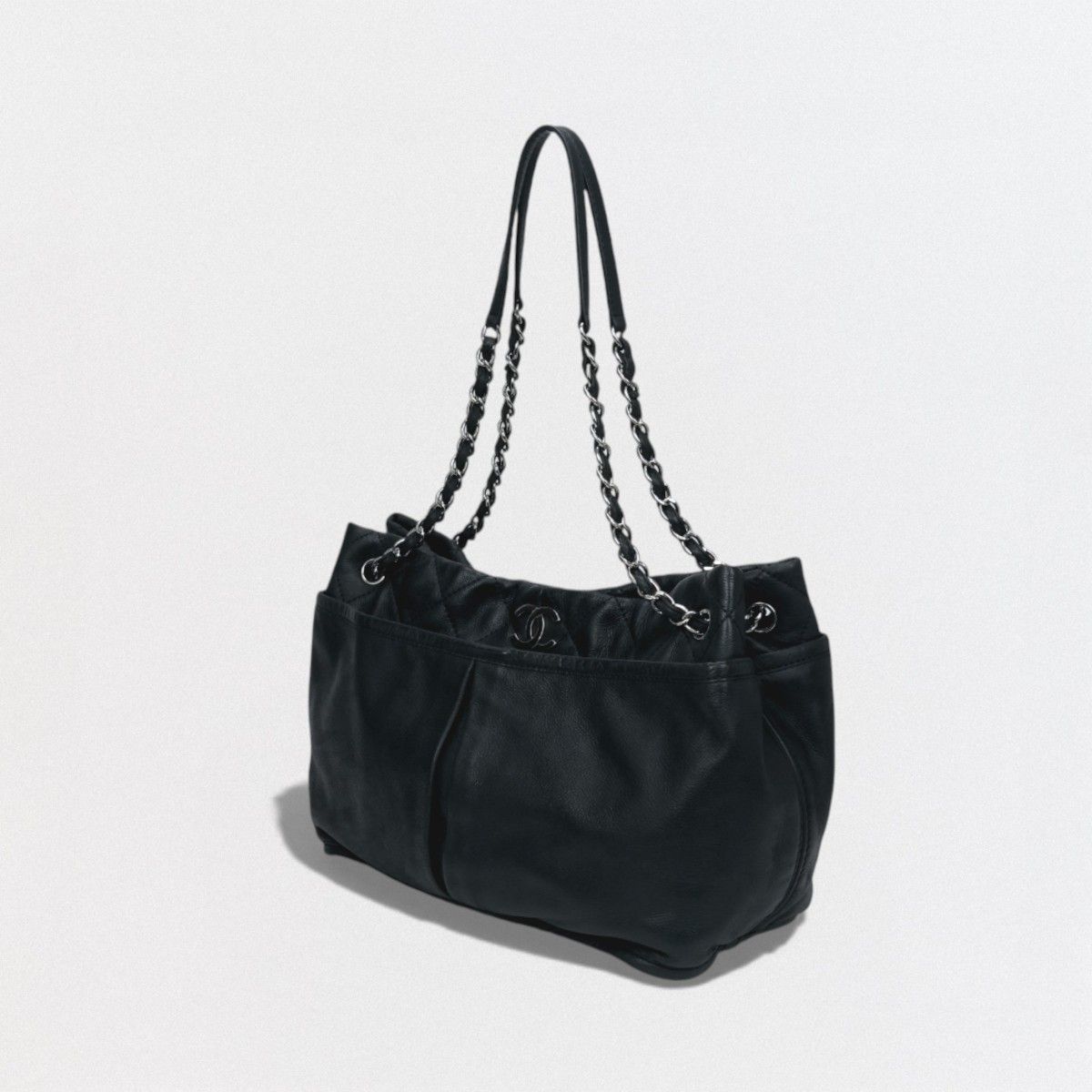 Chanel Quilted Tote Shoulder Bag Leather Black Silver CC Logo Chain — view 2