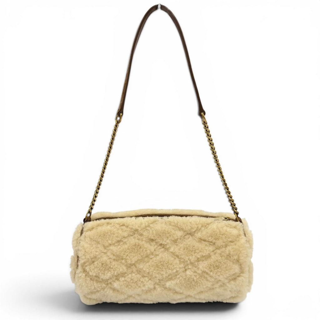 Saint Laurent Paris Shearling Leather YSL Chain Shoulder Tube Bag Beige — view 3