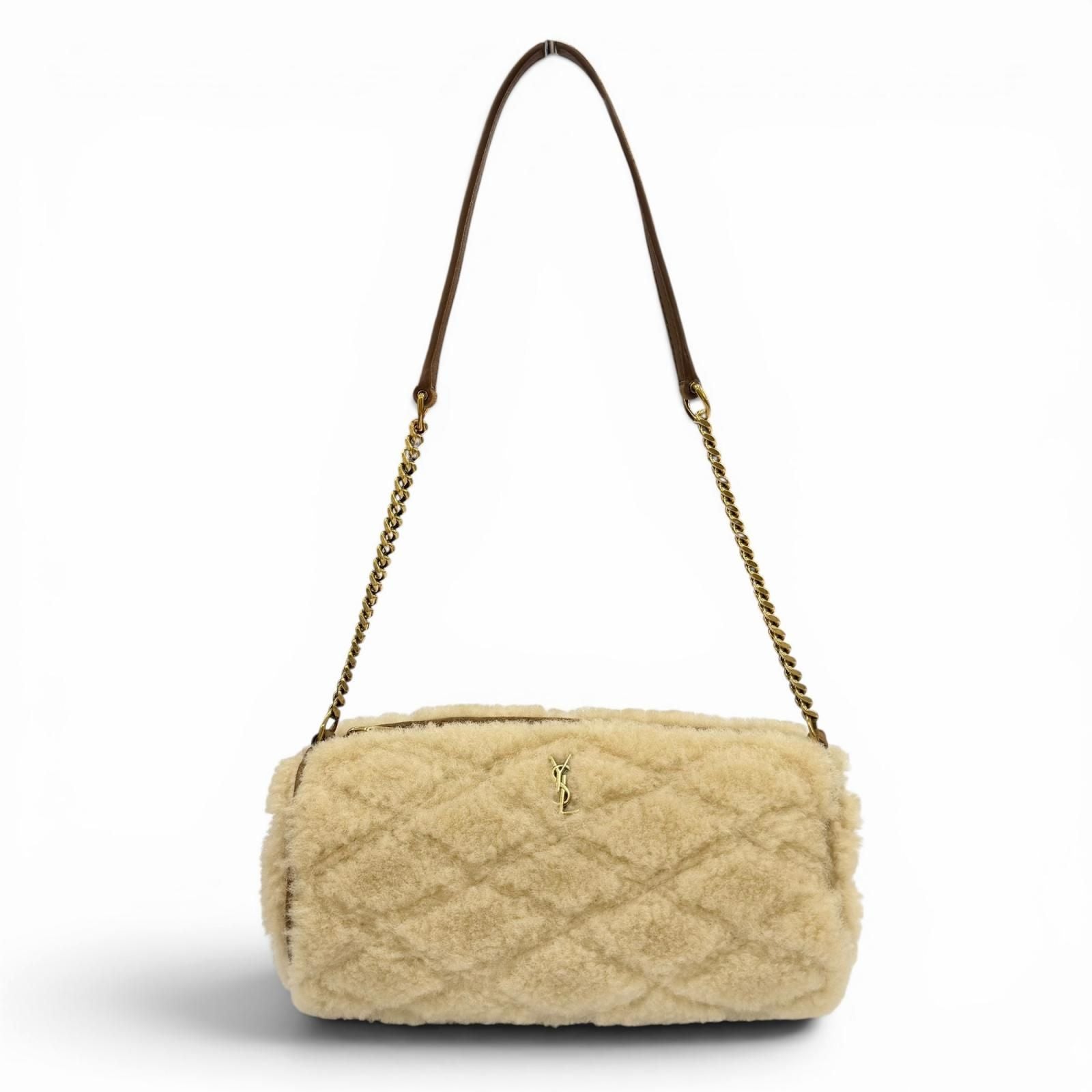 Saint Laurent Paris Shearling Leather YSL Chain Shoulder Tube Bag Beige