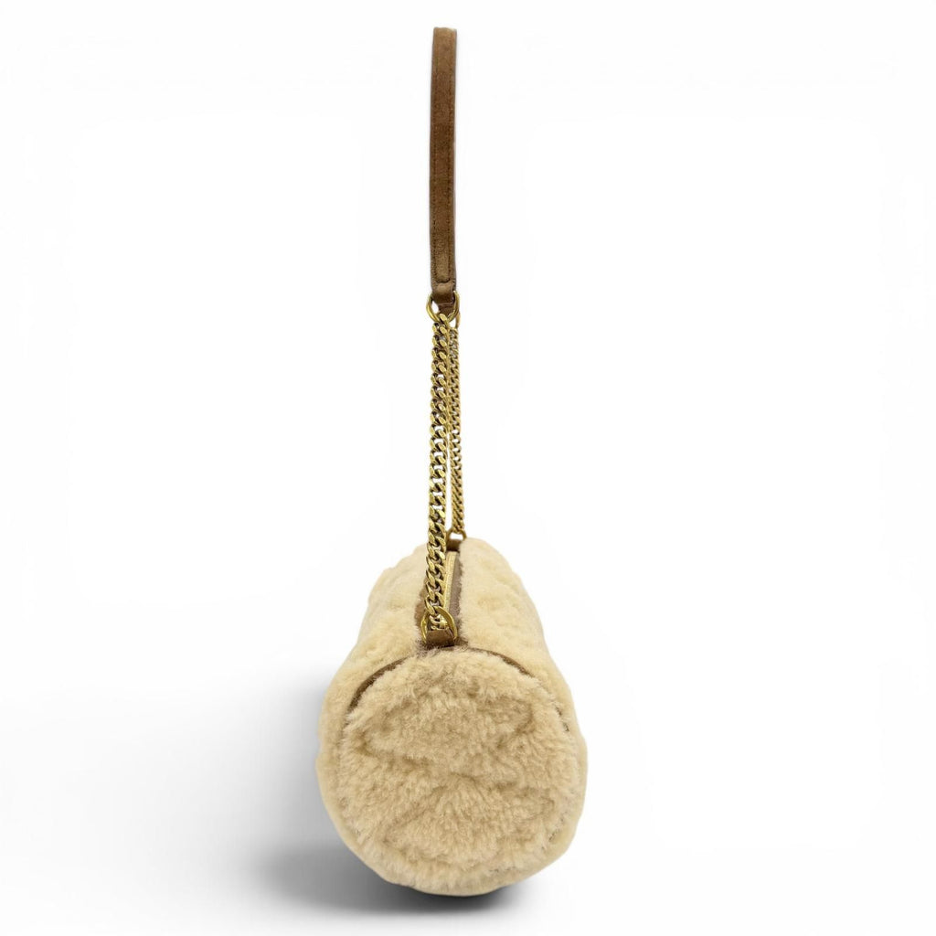 Saint Laurent Paris Shearling Leather YSL Chain Shoulder Tube Bag Beige — view 4