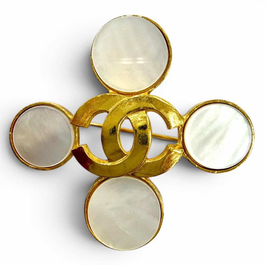 Chanel Vintage CC Logo Shell Brooch Gold