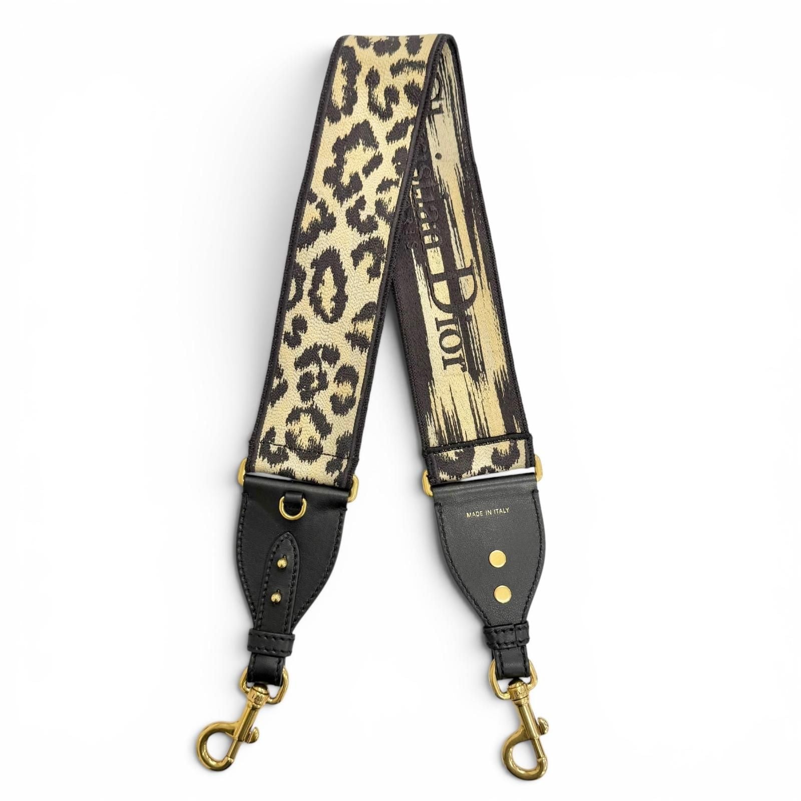 Dior Canvas Leather Logo Leopard Print Shoulder Strap Beige Brown Black