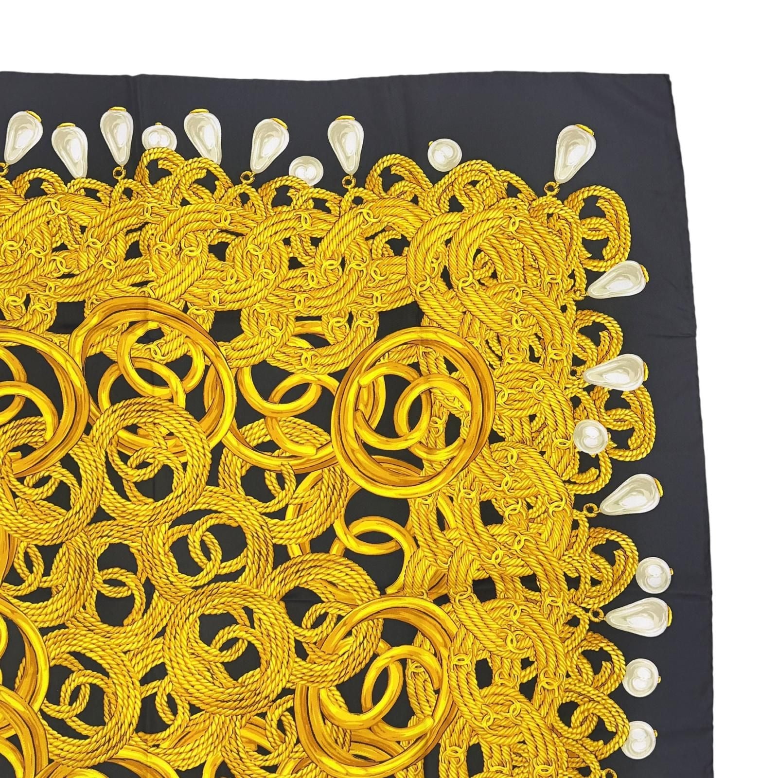 Chanel Vintage 100% Silk CC Logo Chain Pearl Large Scarf Black Gold — view 3