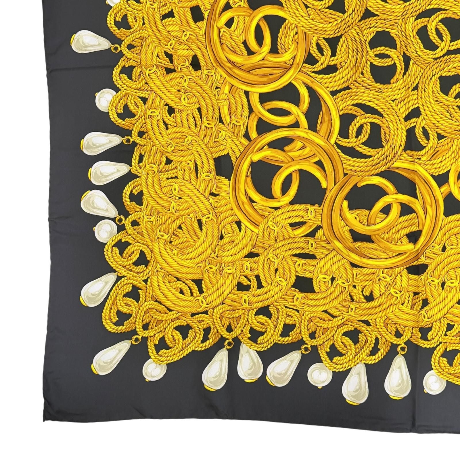 Chanel Vintage 100% Silk CC Logo Chain Pearl Large Scarf Black Gold — view 4