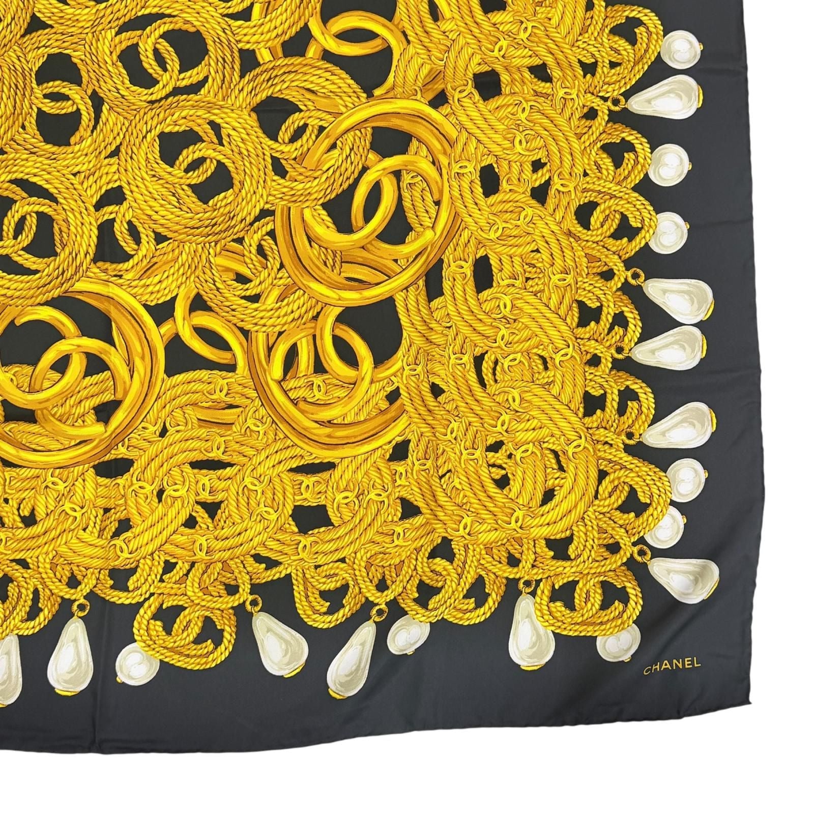 Chanel Vintage 100% Silk CC Logo Chain Pearl Large Scarf Black Gold — view 5