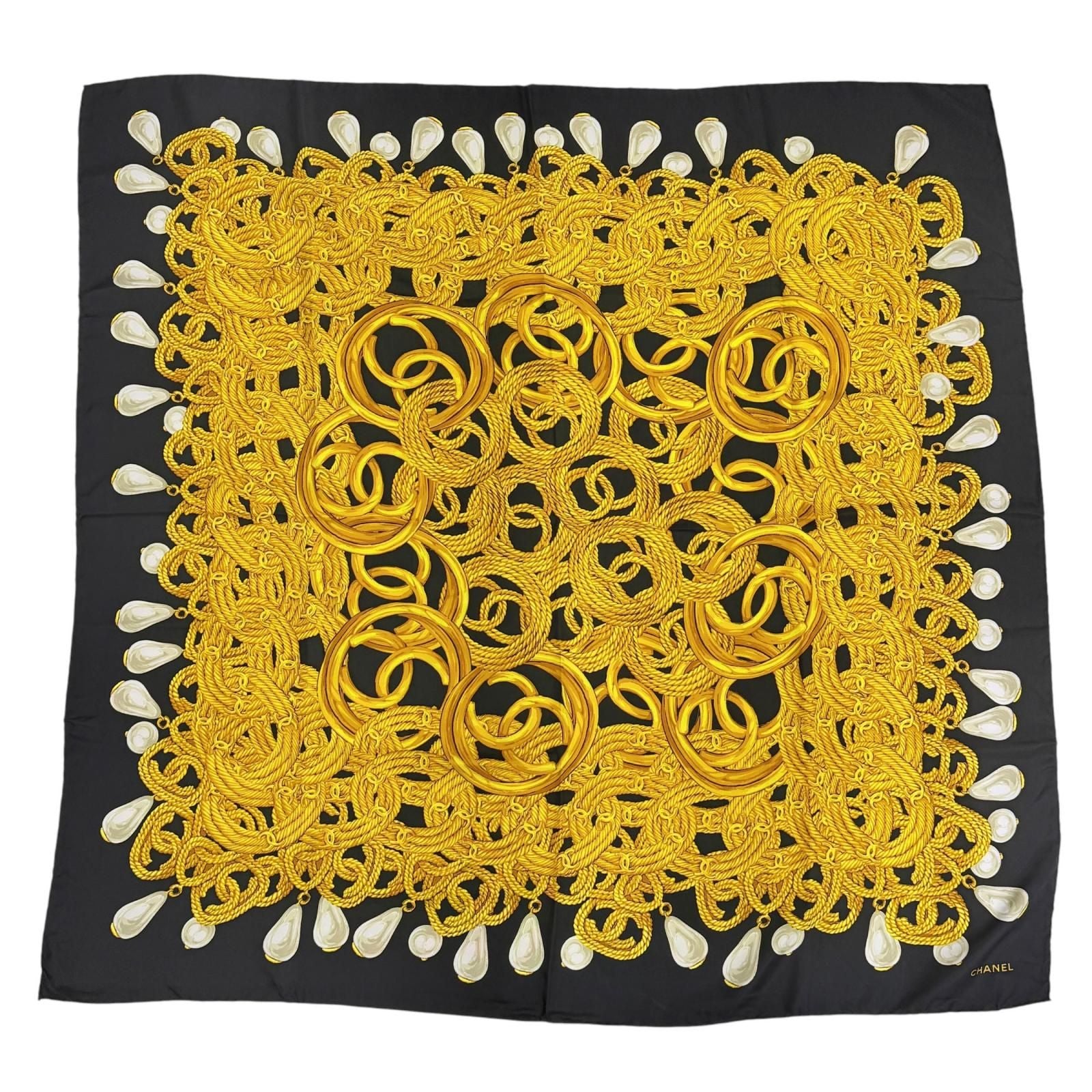 Chanel Vintage 100% Silk CC Logo Chain Pearl Large Scarf Black Gold