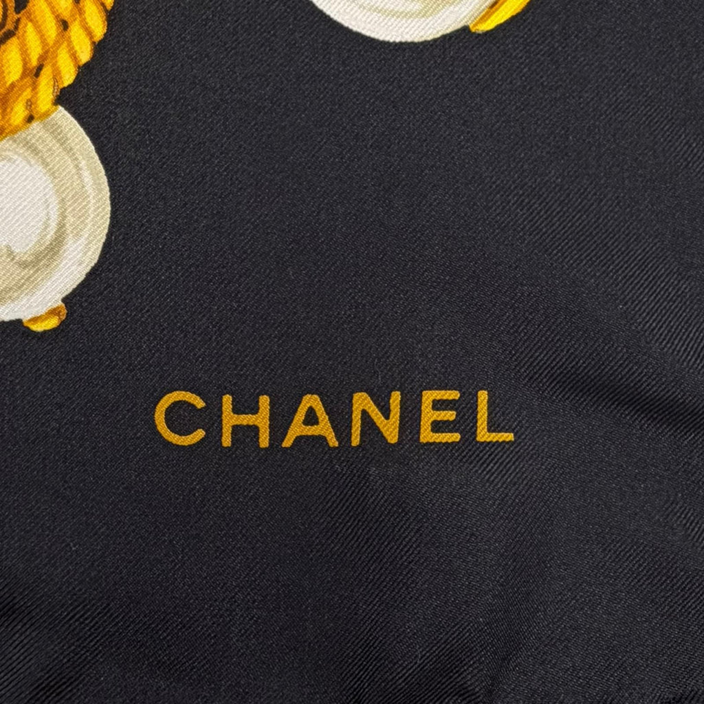 Chanel Vintage 100% Silk CC Logo Chain Pearl Large Scarf Black Gold — view 6