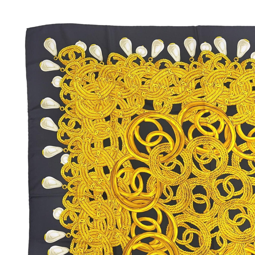 Chanel Vintage 100% Silk CC Logo Chain Pearl Large Scarf Black Gold — view 2