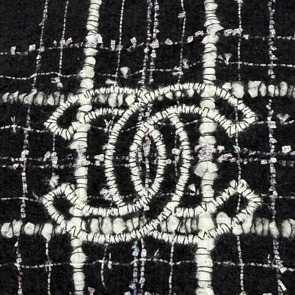 Chanel Cashmere Silk Blend CC Logo Ribbon Plaid Fringe Large Shawl Black Scarf — view 4