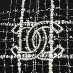 Chanel Cashmere Silk Blend CC Logo Ribbon Plaid Fringe Large Shawl Black Scarf — view 4