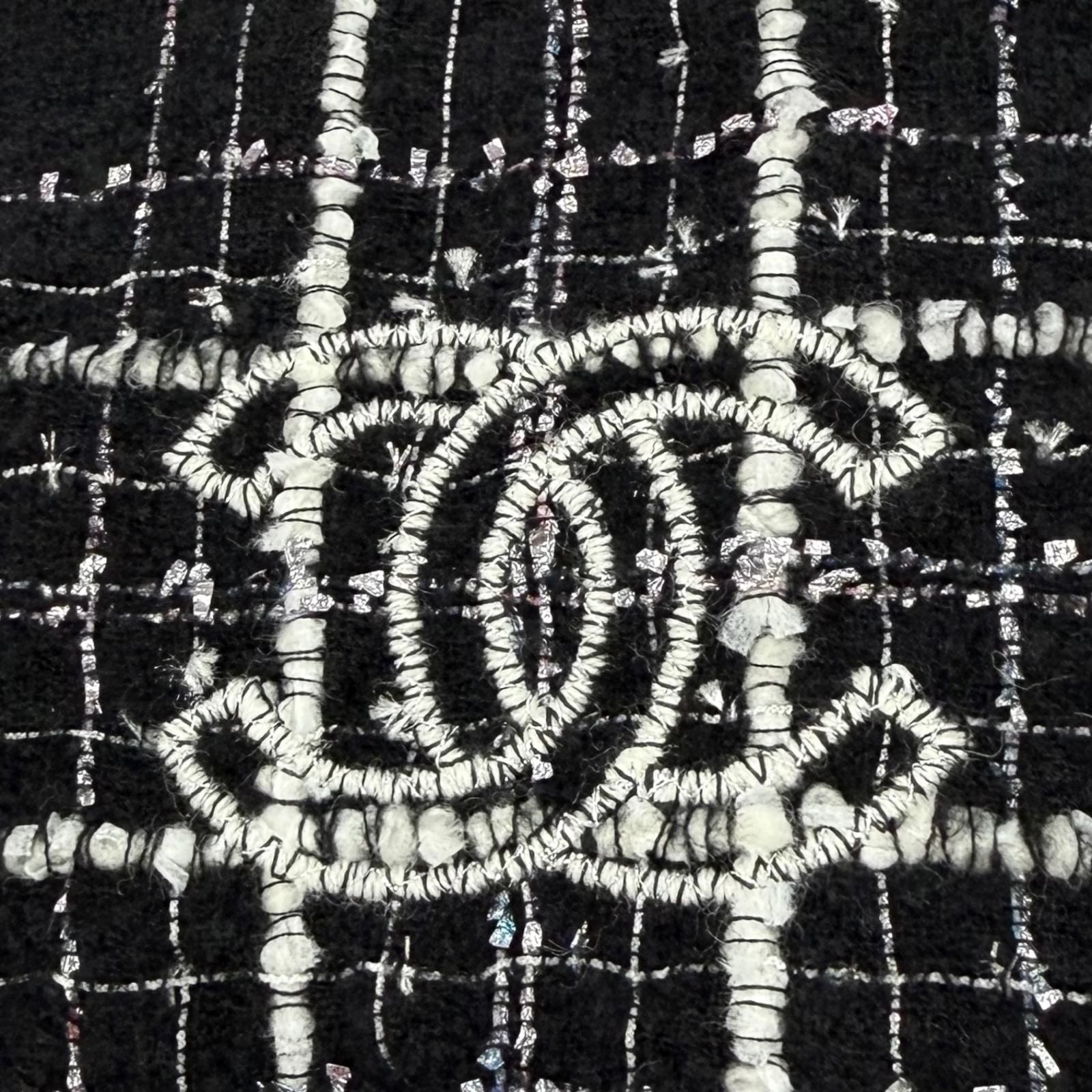 Chanel Cashmere Silk Blend CC Logo Ribbon Plaid Fringe Large Shawl Black Scarf — view 4