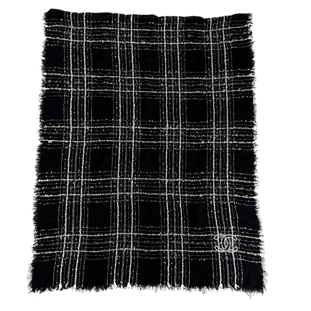 Chanel Cashmere Silk Blend CC Logo Ribbon Plaid Fringe Large Shawl Black Scarf