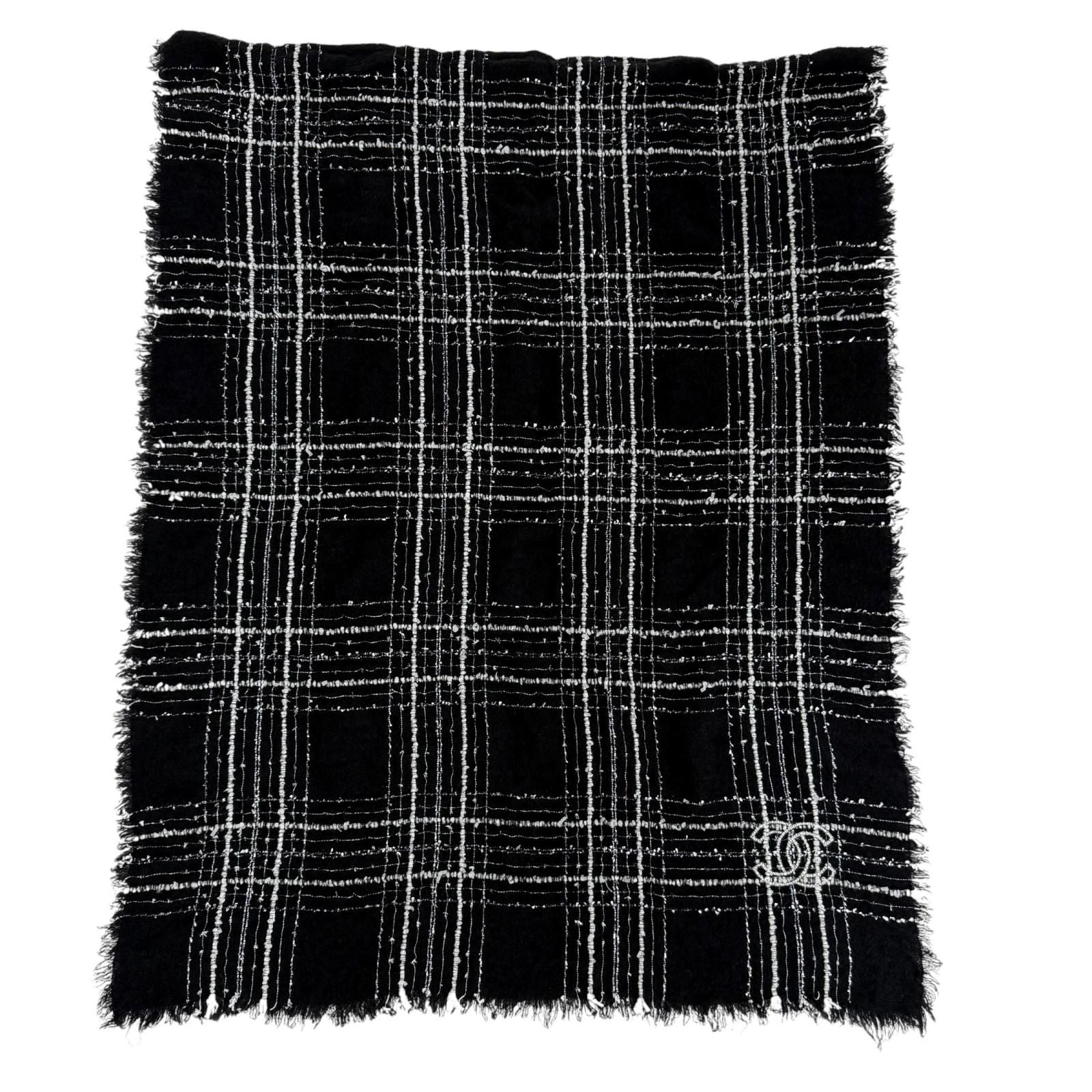 Chanel Cashmere Silk Blend CC Logo Ribbon Plaid Fringe Large Shawl Black Scarf