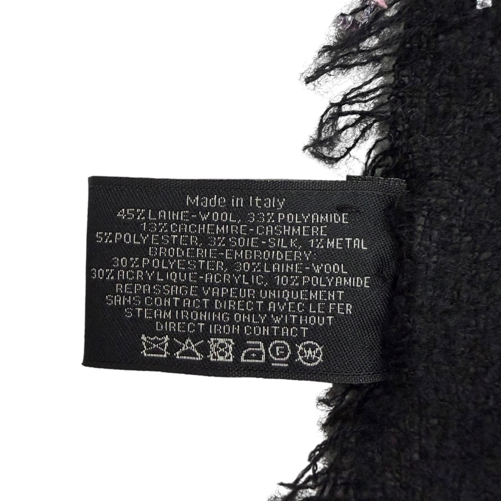 Chanel Cashmere Silk Blend CC Logo Ribbon Plaid Fringe Large Shawl Black Scarf — view 7