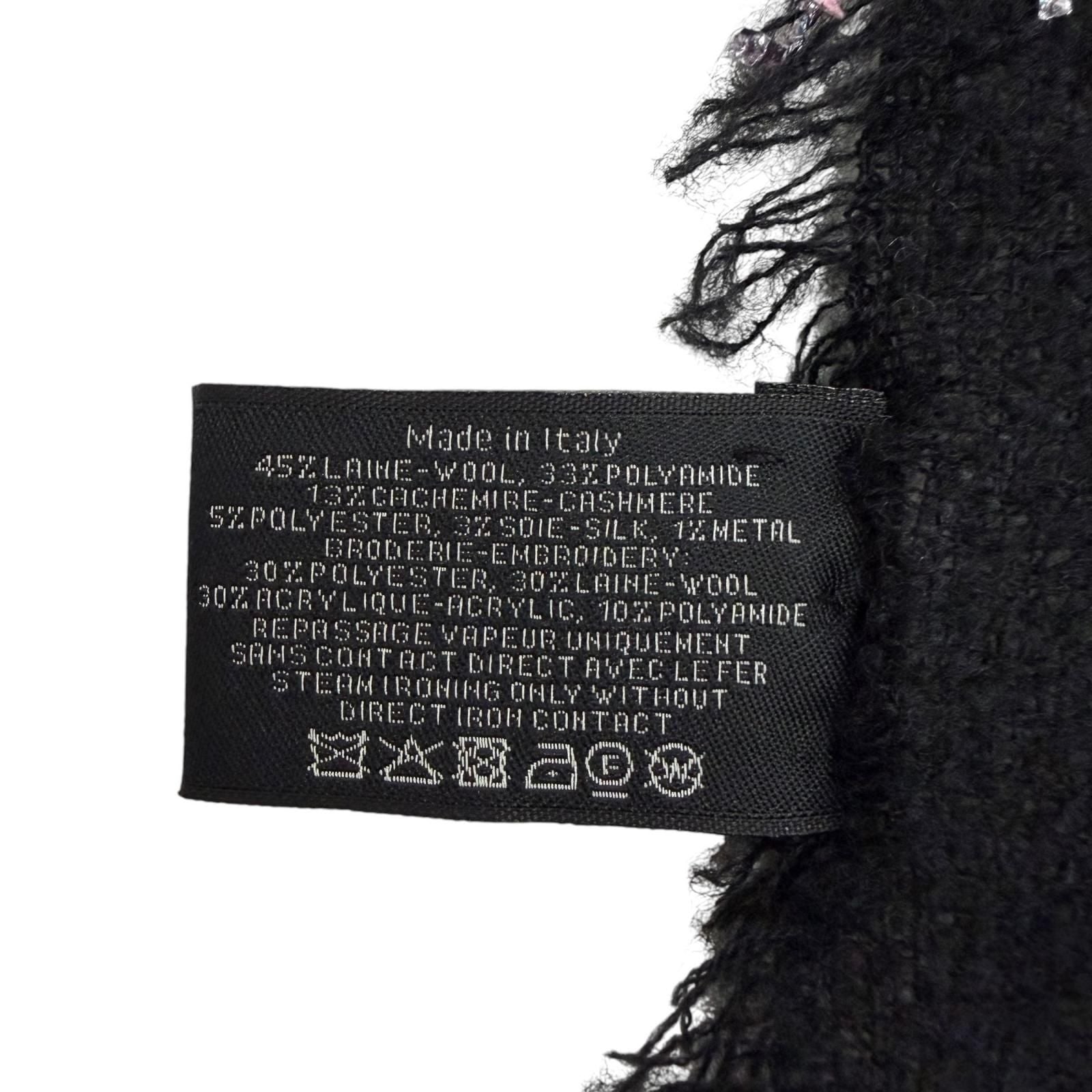 Chanel Cashmere Silk Blend CC Logo Ribbon Plaid Fringe Large Shawl Black Scarf — view 7