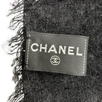 Chanel Cashmere Silk Blend CC Logo Ribbon Plaid Fringe Large Shawl Black Scarf — view 6
