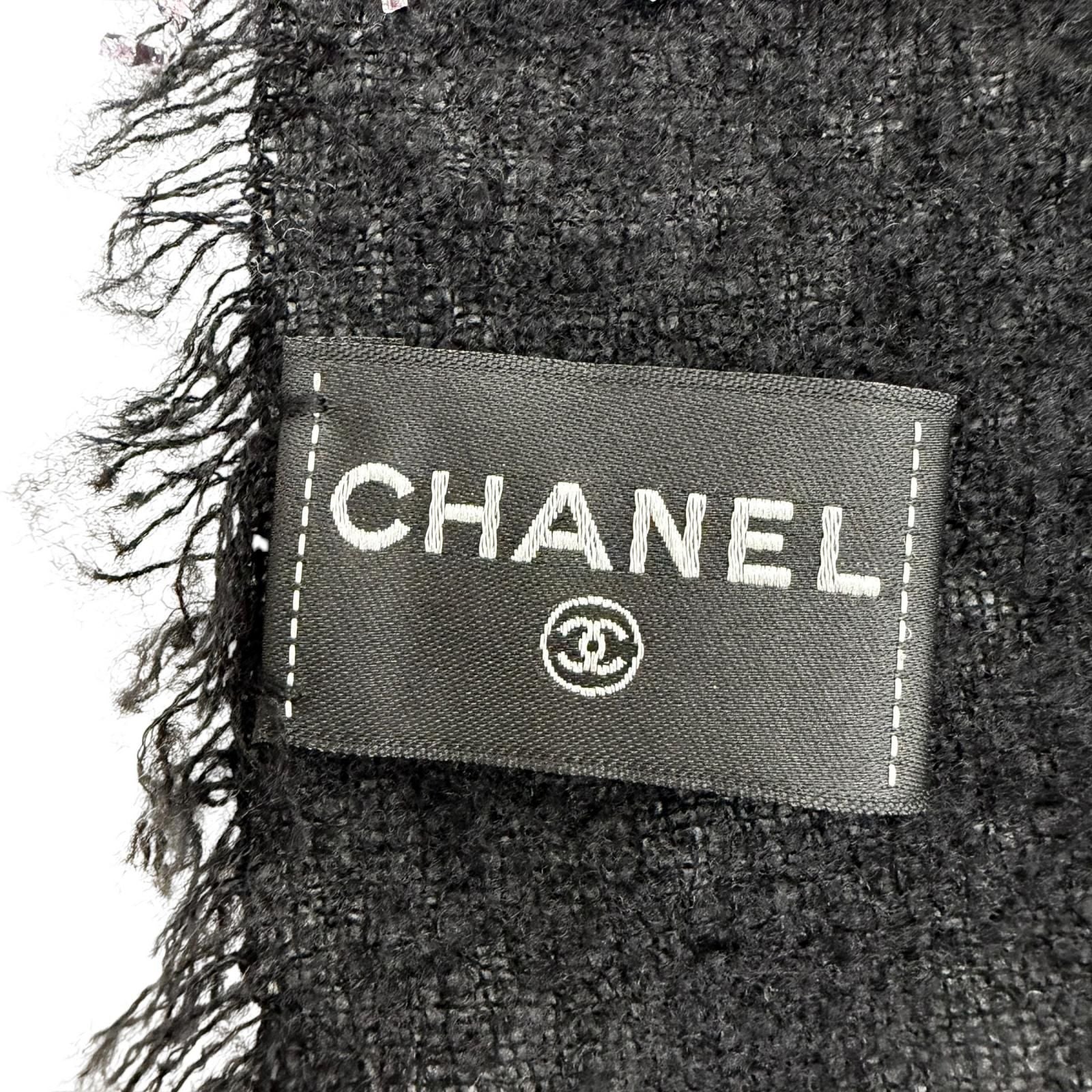 Chanel Cashmere Silk Blend CC Logo Ribbon Plaid Fringe Large Shawl Black Scarf — view 6