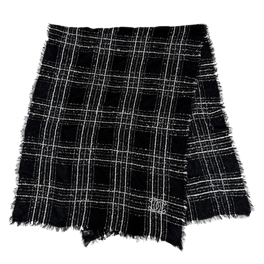 Chanel Cashmere Silk Blend CC Logo Ribbon Plaid Fringe Large Shawl Black Scarf — view 3