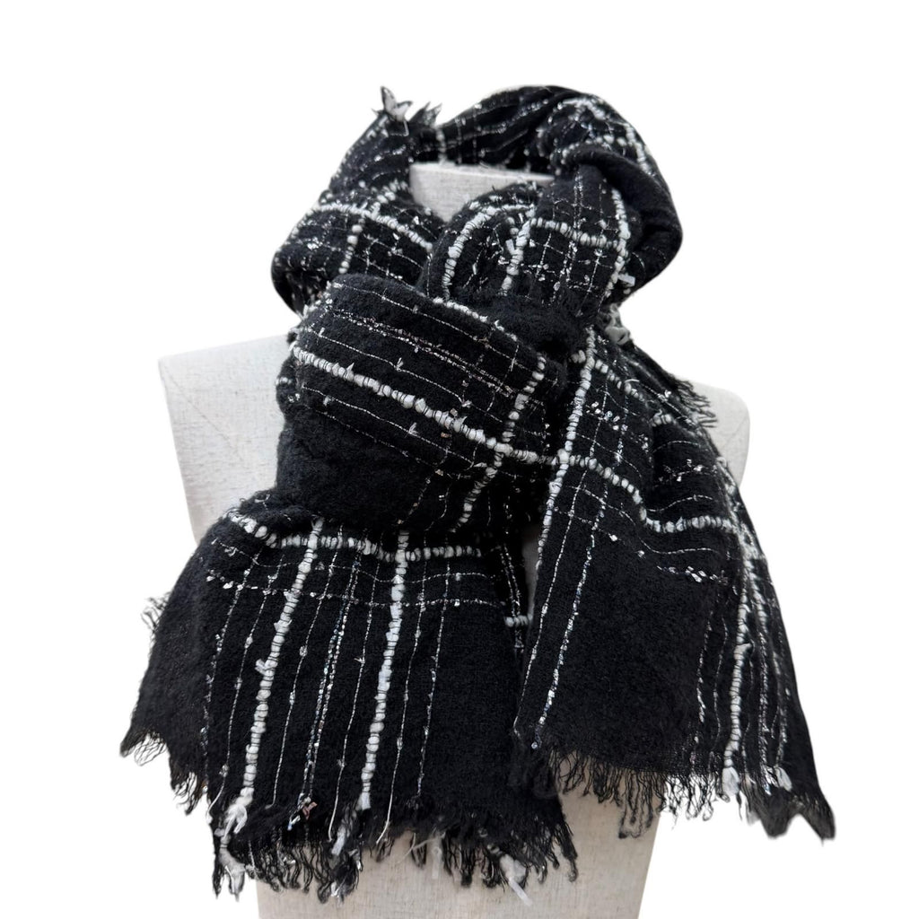 Chanel Cashmere Silk Blend CC Logo Ribbon Plaid Fringe Large Shawl Black Scarf — view 2