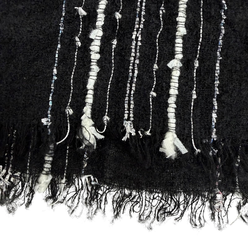 Chanel Cashmere Silk Blend CC Logo Ribbon Plaid Fringe Large Shawl Black Scarf — view 5